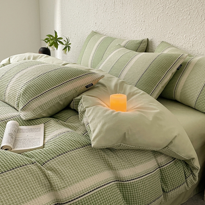 91家纺网 家纺一手货源 找家纺 宜代光年 2025新款全棉色织提花华夫格四件套 华夫格-绿