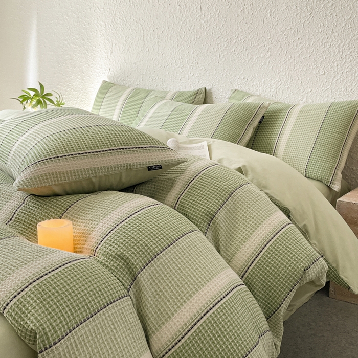 91家纺网 家纺一手货源 找家纺 宜代光年 2025新款全棉色织提花华夫格四件套 华夫格-绿