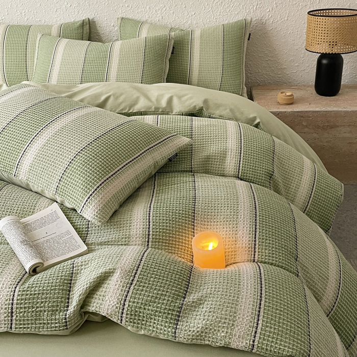 91家纺网 家纺一手货源 找家纺 宜代光年 2025新款全棉色织提花华夫格四件套 华夫格-绿