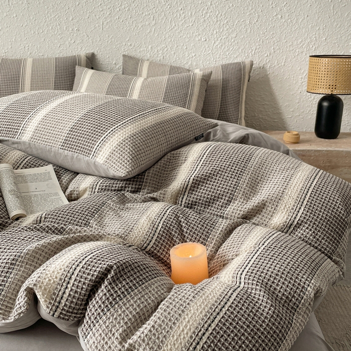 91家纺网 家纺一手货源 找家纺 宜代光年 2025新款全棉色织提花华夫格四件套 华夫格-灰