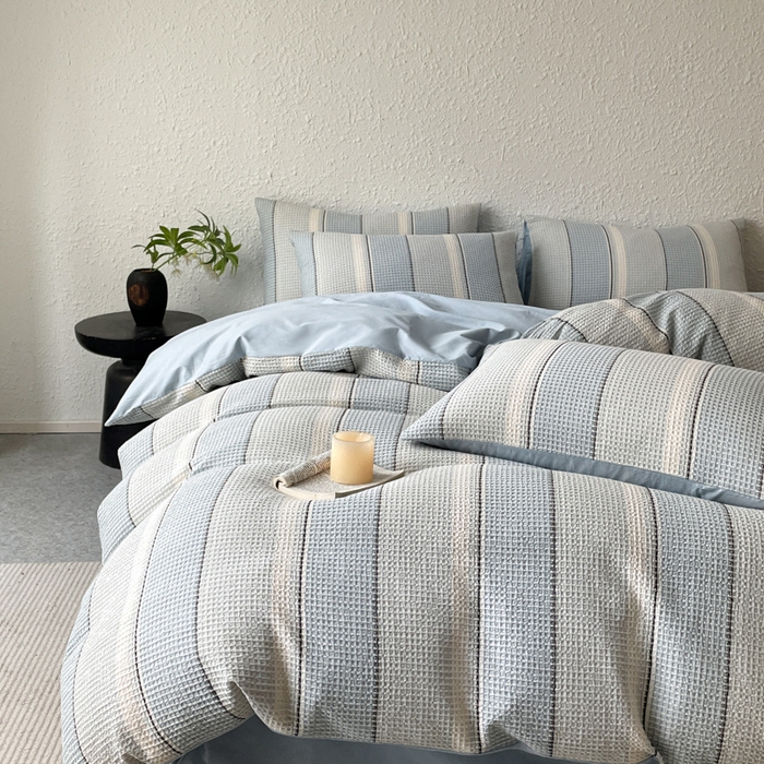 91家纺网 家纺一手货源 找家纺 宜代光年 2025新款全棉色织提花华夫格四件套 华夫格-蓝