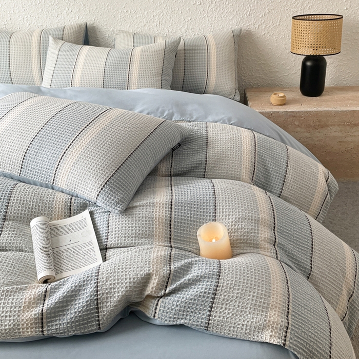 91家纺网 家纺一手货源 找家纺 宜代光年 2025新款全棉色织提花华夫格四件套 华夫格-蓝