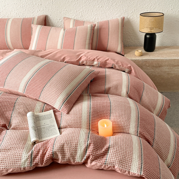 91家纺网 家纺一手货源 找家纺 宜代光年 2025新款全棉色织提花华夫格四件套 华夫格-粉