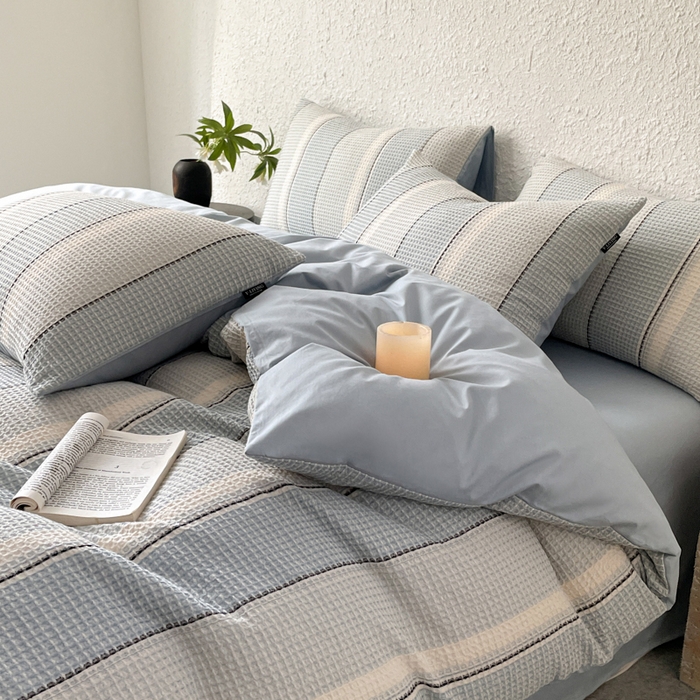 91家纺网 家纺一手货源 找家纺 宜代光年 2025新款全棉色织提花华夫格四件套 华夫格-蓝