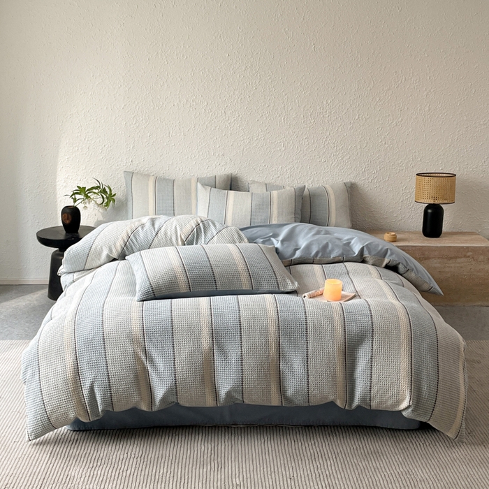 91家纺网 家纺一手货源 找家纺 宜代光年 2025新款全棉色织提花华夫格四件套 华夫格-蓝