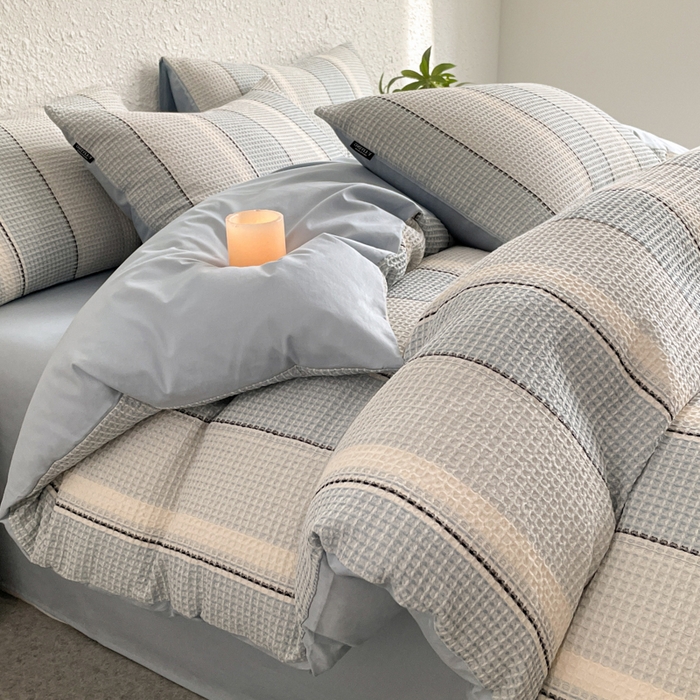 91家纺网 家纺一手货源 找家纺 宜代光年 2025新款全棉色织提花华夫格四件套 华夫格-蓝