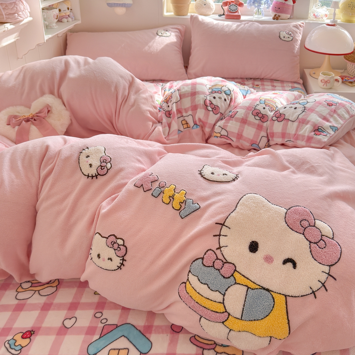 91家纺网 家纺一手货源 找家纺 优卡迪家纺馆 2025新款牛奶绒印加绣四件套 下载文件包含买家秀 面包KT-玉粉