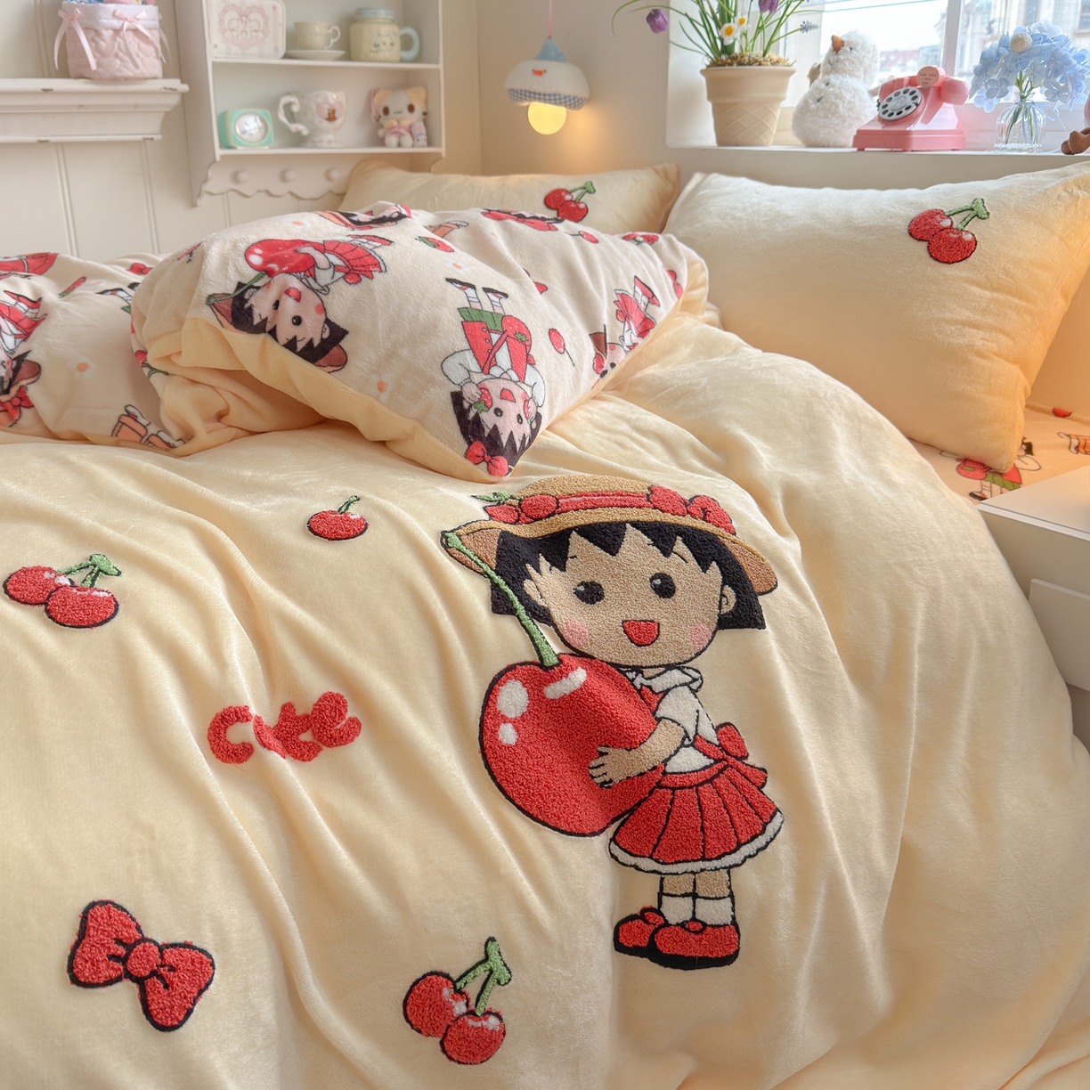 91家纺网 家纺一手货源 找家纺 优卡迪家纺馆 2025新款牛奶绒印加绣四件套 下载文件包含买家秀 樱桃女孩-奶黄