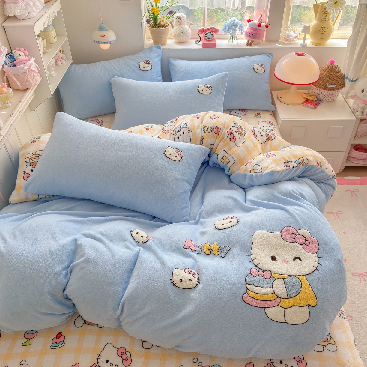 优卡迪家纺馆 2025新款牛奶绒印加绣四件套 下载文件包含买家秀 面包KT--天蓝