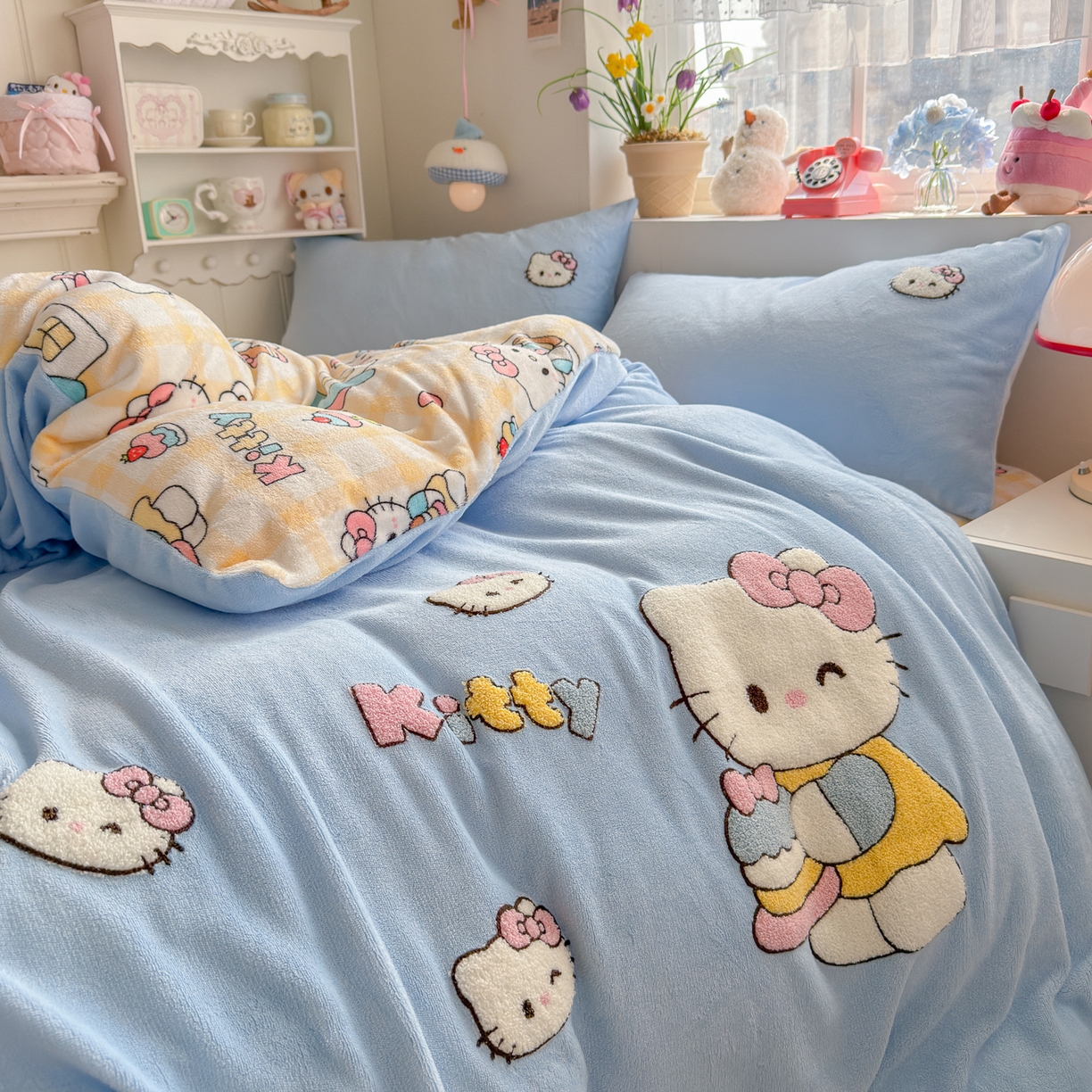 91家纺网 家纺一手货源 找家纺 优卡迪家纺馆 2025新款牛奶绒印加绣四件套 下载文件包含买家秀 面包KT--天蓝