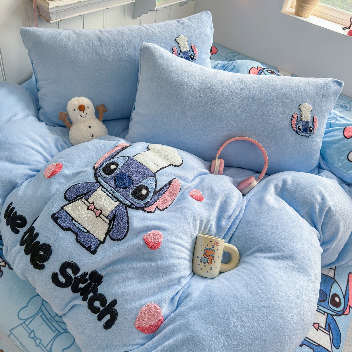 91家纺网 家纺一手货源 找家纺 优卡迪家纺馆 2025新款牛奶绒印加绣四件套 下载文件包含买家秀 萌趣仔仔-天蓝