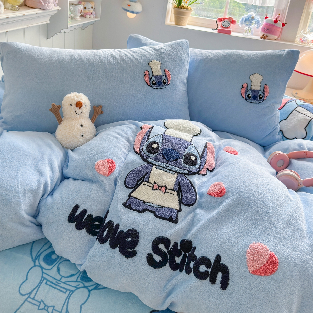 91家纺网 家纺一手货源 找家纺 优卡迪家纺馆 2025新款牛奶绒印加绣四件套 下载文件包含买家秀 萌趣仔仔-天蓝