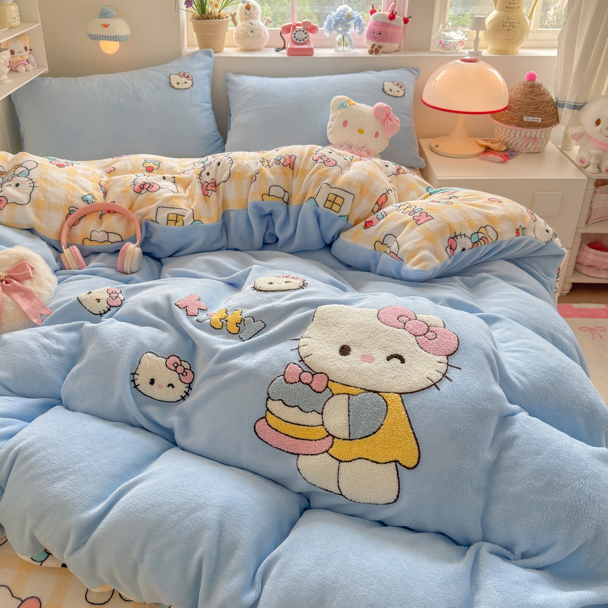 91家纺网 家纺一手货源 找家纺 优卡迪家纺馆 2025新款牛奶绒印加绣四件套 下载文件包含买家秀 面包KT--天蓝