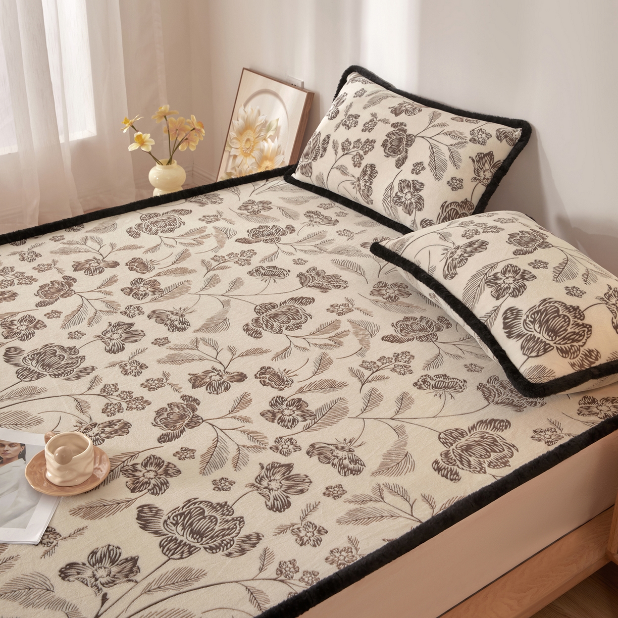 91家纺网 家纺一手货源 找家纺 吾诺家居 2025新款高克重雕花牛奶绒单品床笠 吟花