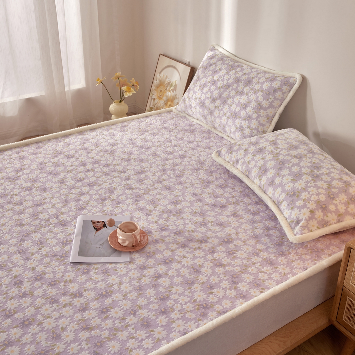 91家纺网 家纺一手货源 找家纺 吾诺家居 2025新款高克重雕花牛奶绒单品床笠 花影