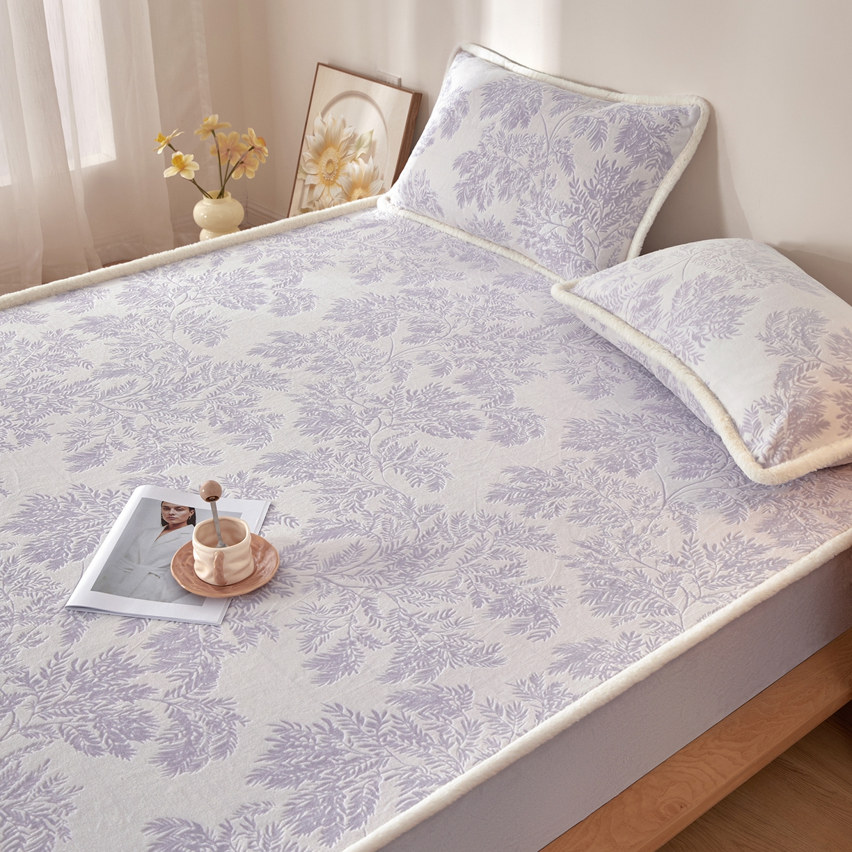 91家纺网 家纺一手货源 找家纺 吾诺家居 2025新款高克重雕花牛奶绒单品床笠 馨月