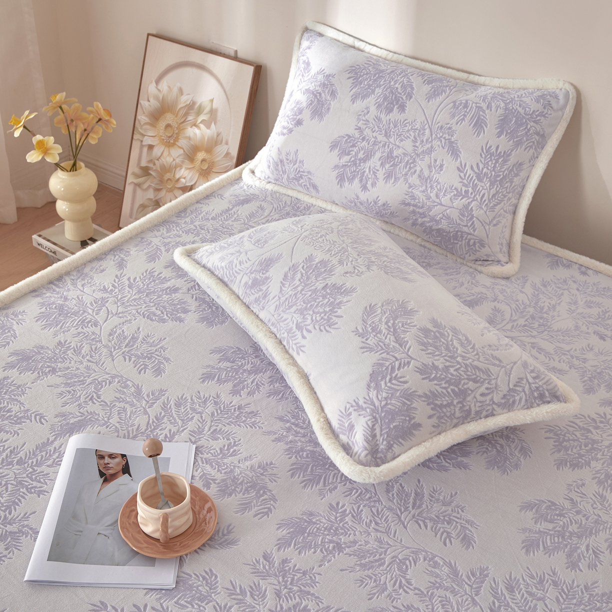 91家纺网 家纺一手货源 找家纺 吾诺家居 2025新款高克重雕花牛奶绒单品床笠 馨月