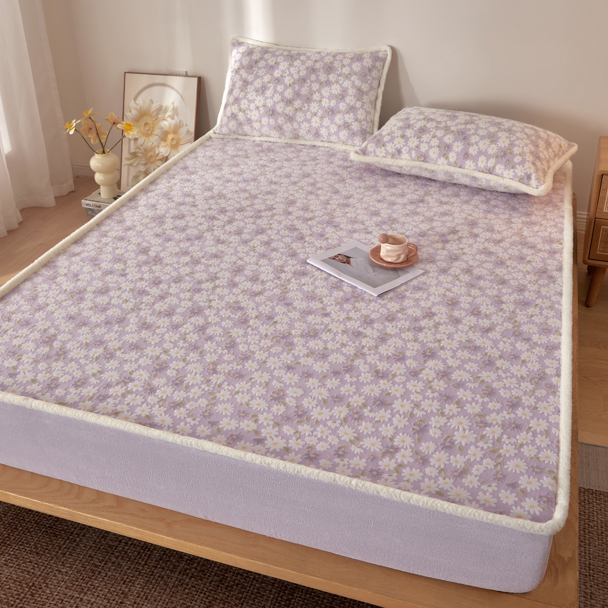 91家纺网 家纺一手货源 找家纺 吾诺家居 2025新款高克重雕花牛奶绒单品床笠 花影