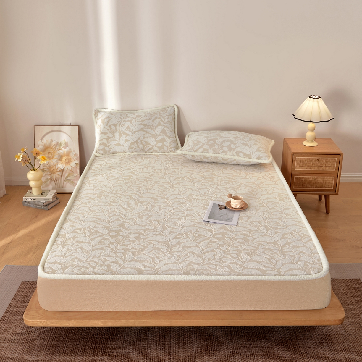 吾诺家居 2025新款高克重雕花牛奶绒单品床笠 叶繁