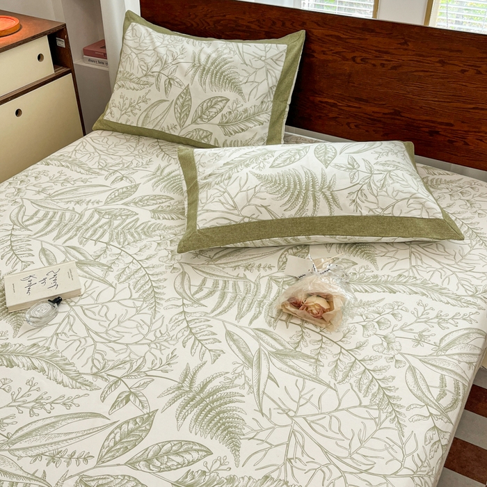 91家纺网 家纺一手货源 找家纺 宜代光年 2025新款全棉老粗布数码印花拼角工艺床单床笠 床笠-叶语