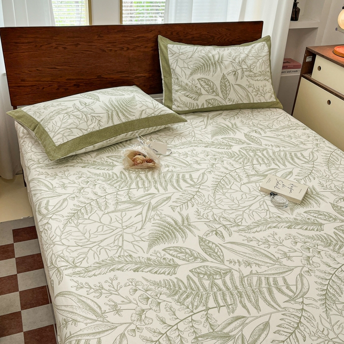 91家纺网 家纺一手货源 找家纺 宜代光年 2025新款全棉老粗布数码印花拼角工艺床单床笠 床笠-叶语