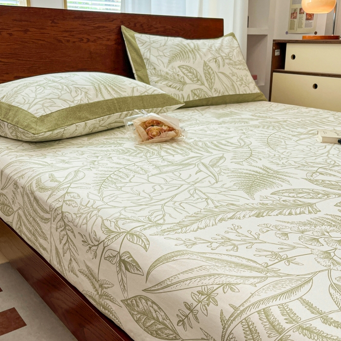 91家纺网 家纺一手货源 找家纺 宜代光年 2025新款全棉老粗布数码印花拼角工艺床单床笠 床笠-叶语