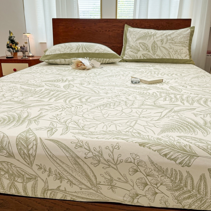 91家纺网 家纺一手货源 找家纺 宜代光年 2025新款全棉老粗布数码印花拼角工艺床单床笠 床笠-叶语