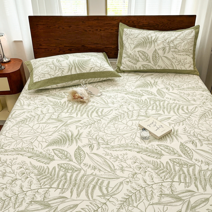 91家纺网 家纺一手货源 找家纺 宜代光年 2025新款全棉老粗布数码印花拼角工艺床单床笠 床笠-叶语