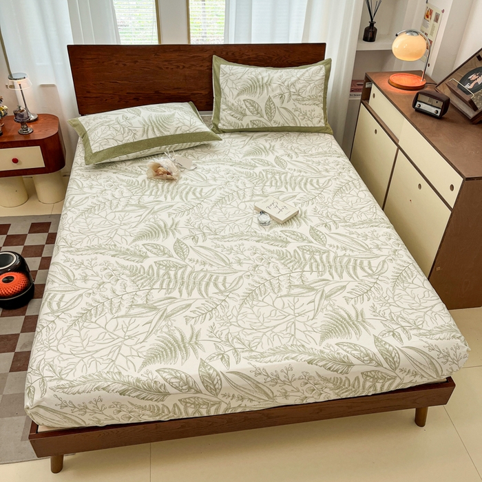 91家纺网 家纺一手货源 找家纺 宜代光年 2025新款全棉老粗布数码印花拼角工艺床单床笠 床笠-叶语