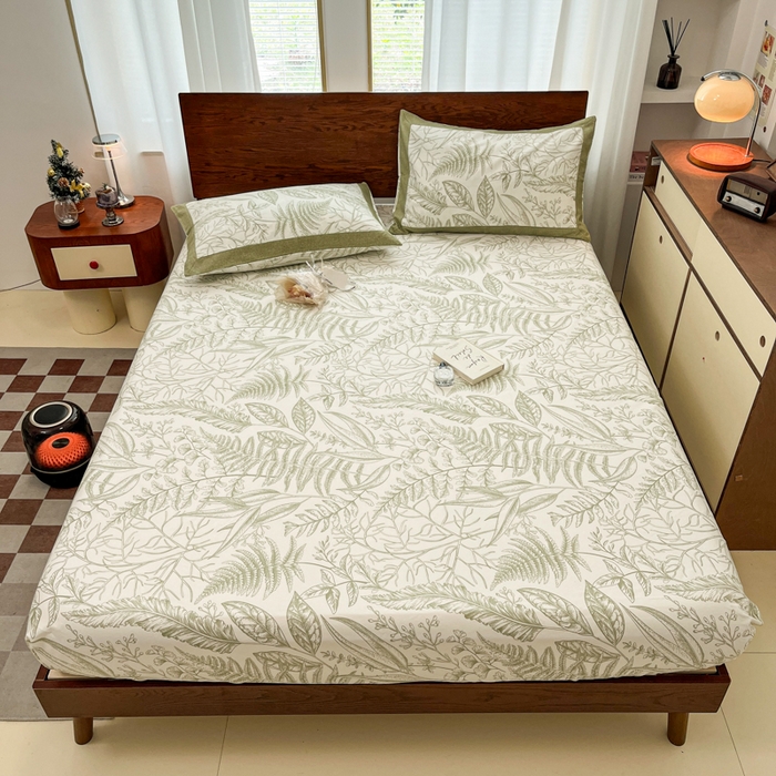 91家纺网 家纺一手货源 找家纺 宜代光年 2025新款全棉老粗布数码印花拼角工艺床单床笠 床笠-叶语