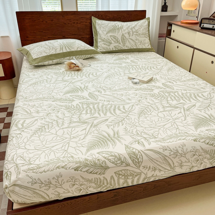 91家纺网 家纺一手货源 找家纺 宜代光年 2025新款全棉老粗布数码印花拼角工艺床单床笠 床笠-叶语