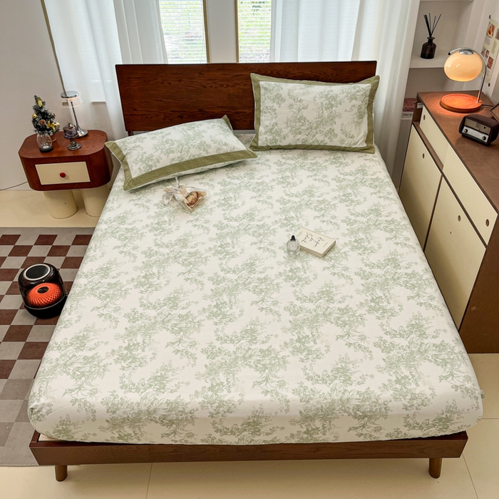 91家纺网 家纺一手货源 找家纺 宜代光年 2025新款全棉老粗布数码印花拼角工艺床单床笠 床笠-绿蔓