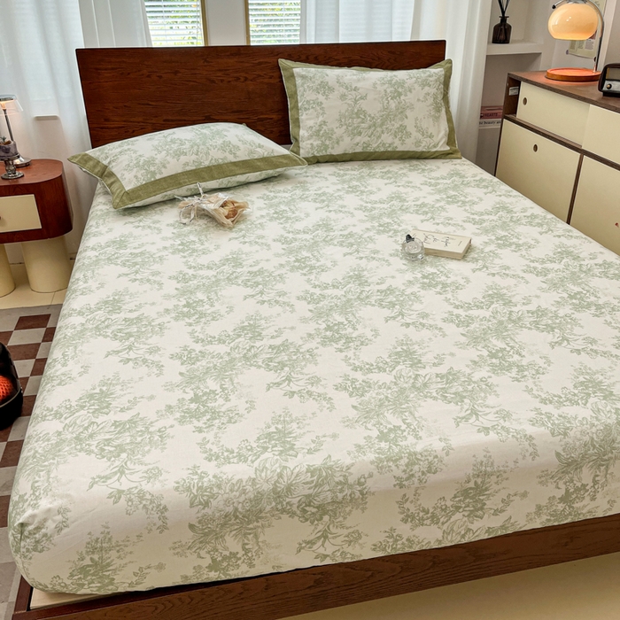 91家纺网 家纺一手货源 找家纺 宜代光年 2025新款全棉老粗布数码印花拼角工艺床单床笠 床笠-绿蔓