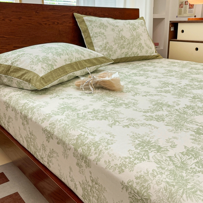 91家纺网 家纺一手货源 找家纺 宜代光年 2025新款全棉老粗布数码印花拼角工艺床单床笠 床笠-绿蔓