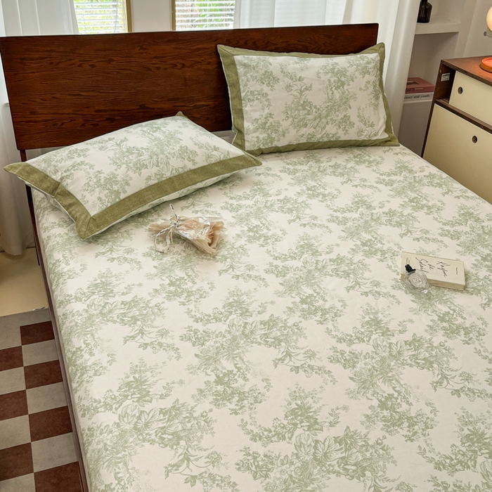 91家纺网 家纺一手货源 找家纺 宜代光年 2025新款全棉老粗布数码印花拼角工艺床单床笠 床笠-绿蔓