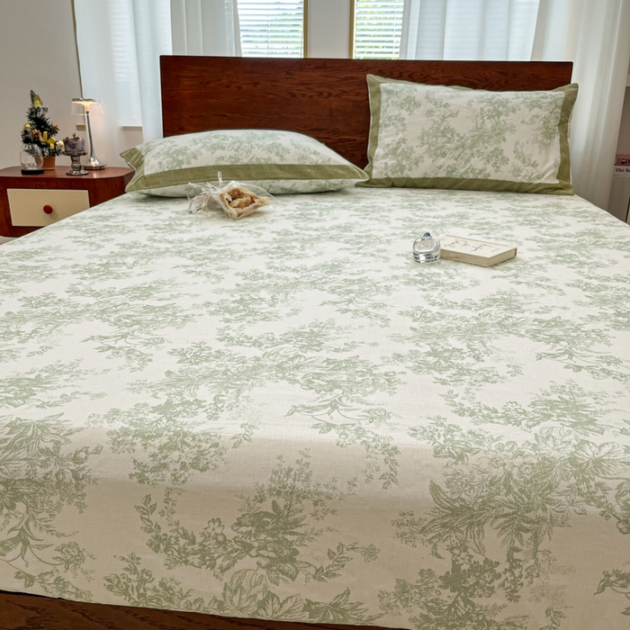 91家纺网 家纺一手货源 找家纺 宜代光年 2025新款全棉老粗布数码印花拼角工艺床单床笠 床笠-绿蔓