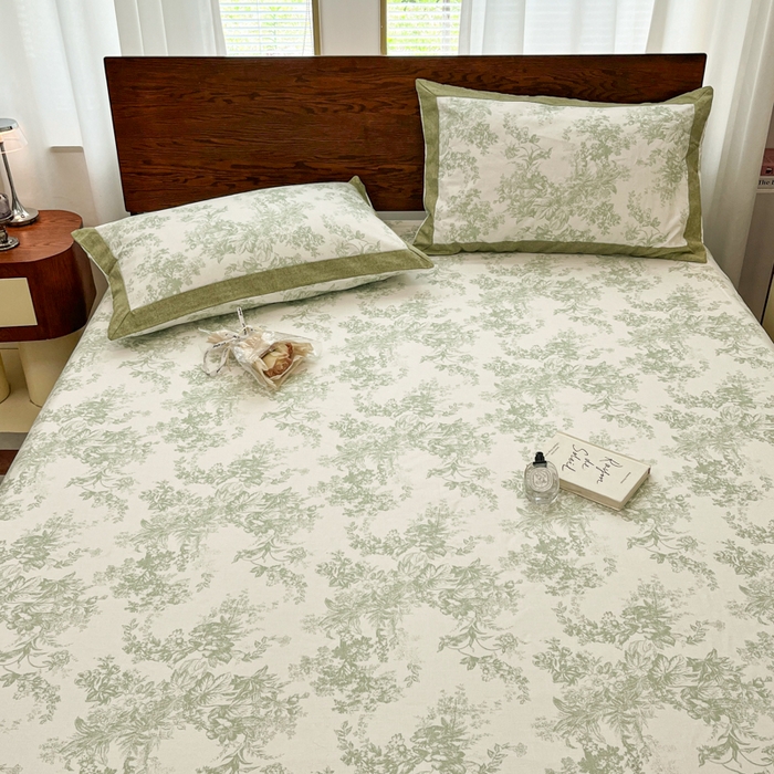 91家纺网 家纺一手货源 找家纺 宜代光年 2025新款全棉老粗布数码印花拼角工艺床单床笠 床笠-绿蔓