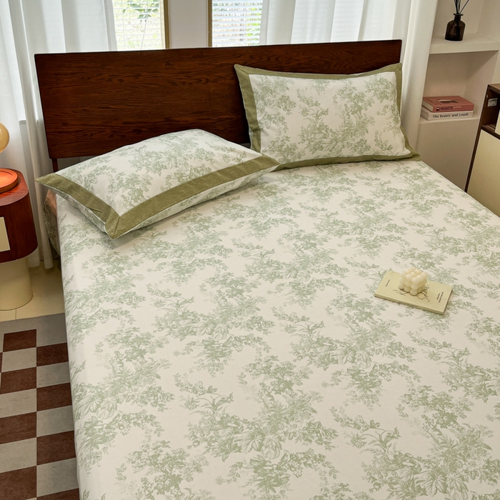 91家纺网 家纺一手货源 找家纺 宜代光年 2025新款全棉老粗布数码印花拼角工艺床单床笠 床单-绿蔓