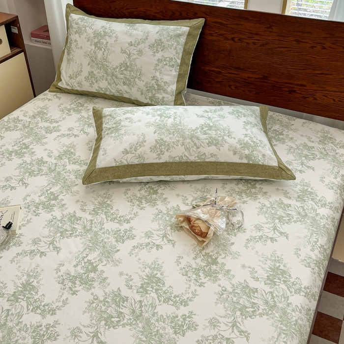 91家纺网 家纺一手货源 找家纺 宜代光年 2025新款全棉老粗布数码印花拼角工艺床单床笠 床笠-绿蔓