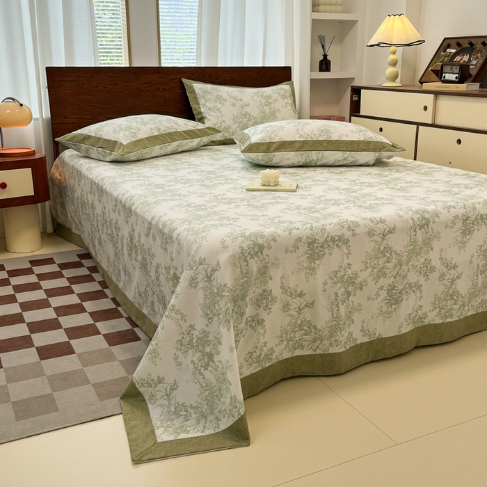 91家纺网 家纺一手货源 找家纺 宜代光年 2025新款全棉老粗布数码印花拼角工艺床单床笠 床单-绿蔓