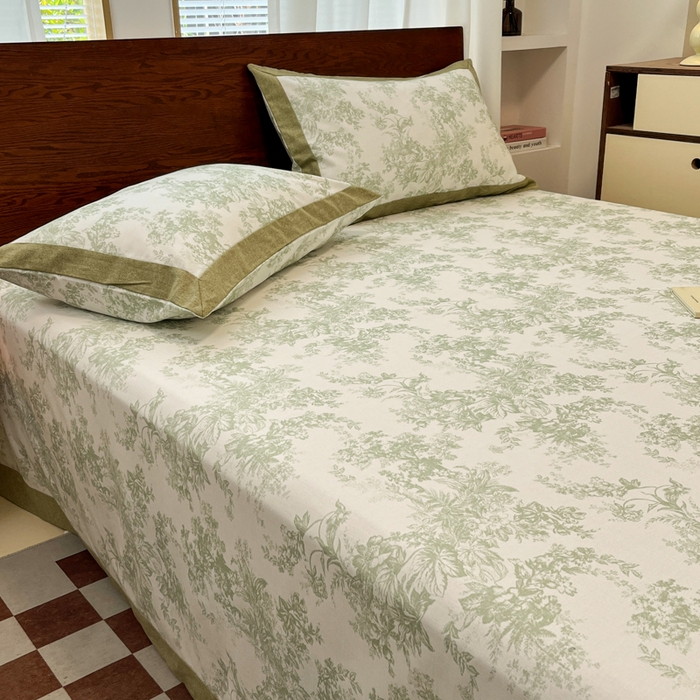 91家纺网 家纺一手货源 找家纺 宜代光年 2025新款全棉老粗布数码印花拼角工艺床单床笠 床单-绿蔓