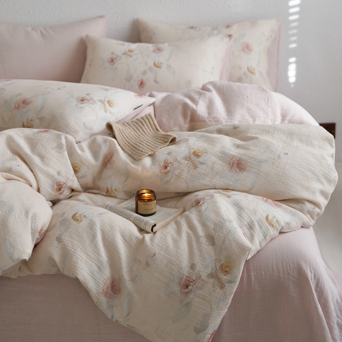 91家纺网 家纺一手货源 找家纺 宜代光年 2025新款全棉纯棉享云纱数码印花四件套 玉琼枝-米黄