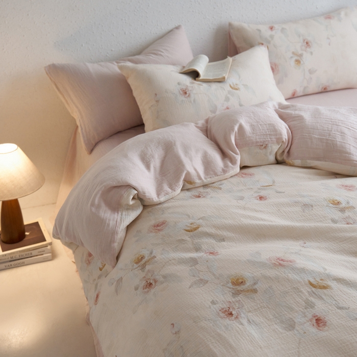 91家纺网 家纺一手货源 找家纺 宜代光年 2025新款全棉纯棉享云纱数码印花四件套 玉琼枝-米黄