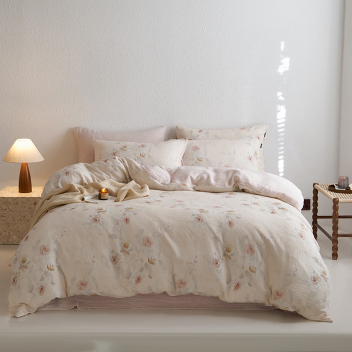 91家纺网 家纺一手货源 找家纺 宜代光年 2025新款全棉纯棉享云纱数码印花四件套 玉琼枝-米黄