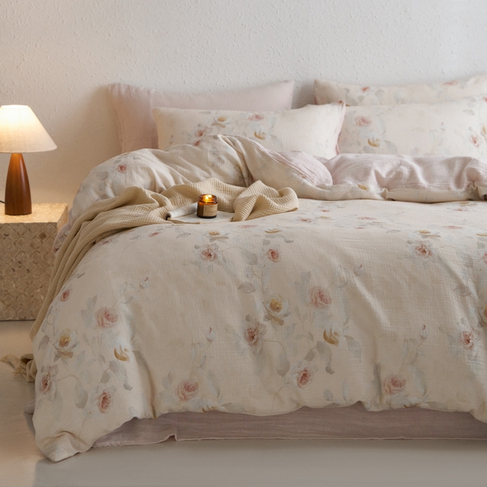 91家纺网 家纺一手货源 找家纺 宜代光年 2025新款全棉纯棉享云纱数码印花四件套 玉琼枝-米黄