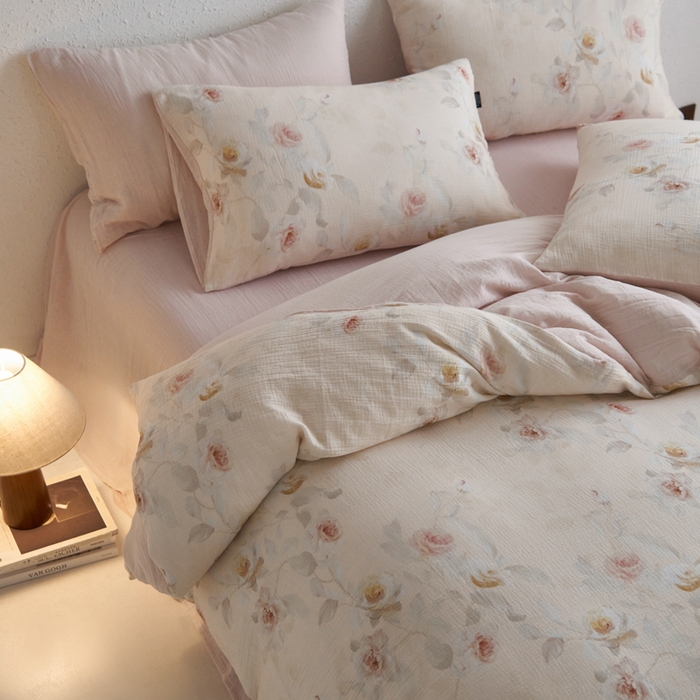 91家纺网 家纺一手货源 找家纺 宜代光年 2025新款全棉纯棉享云纱数码印花四件套 玉琼枝-米黄