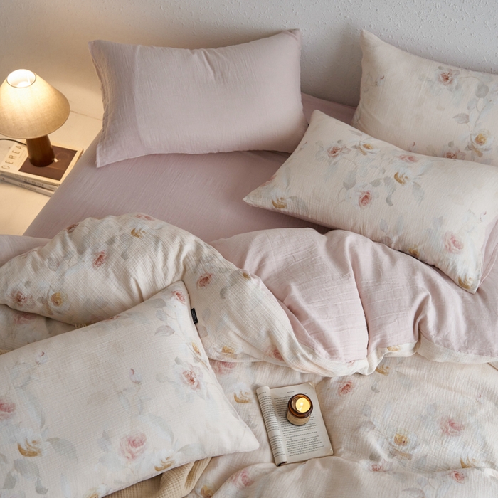 91家纺网 家纺一手货源 找家纺 宜代光年 2025新款全棉纯棉享云纱数码印花四件套 玉琼枝-米黄