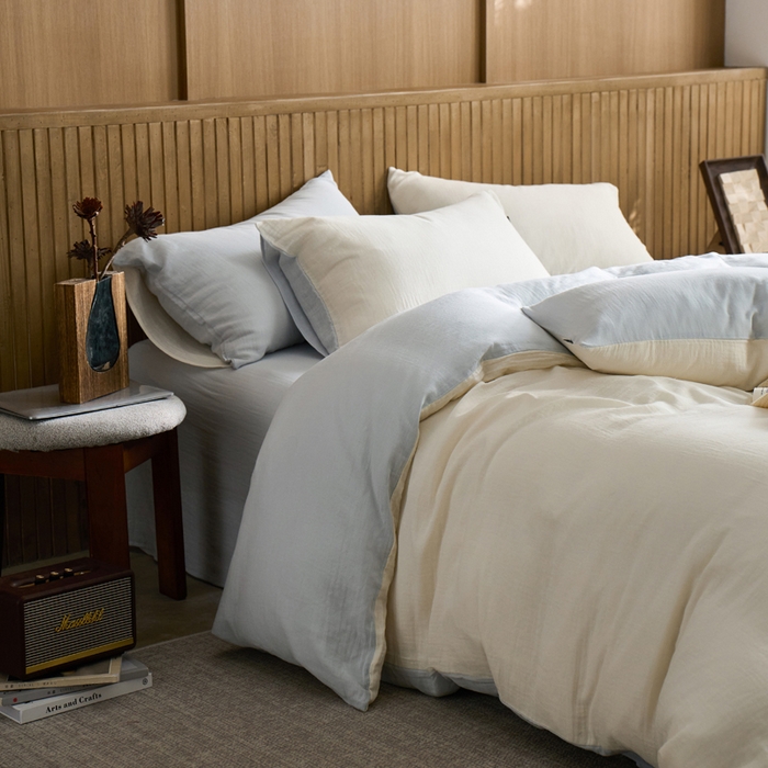 91家纺网 家纺一手货源 找家纺 宜代光年 2025新款全棉纯棉享云棉纯色暗合系列四件套 云享棉-雾蓝