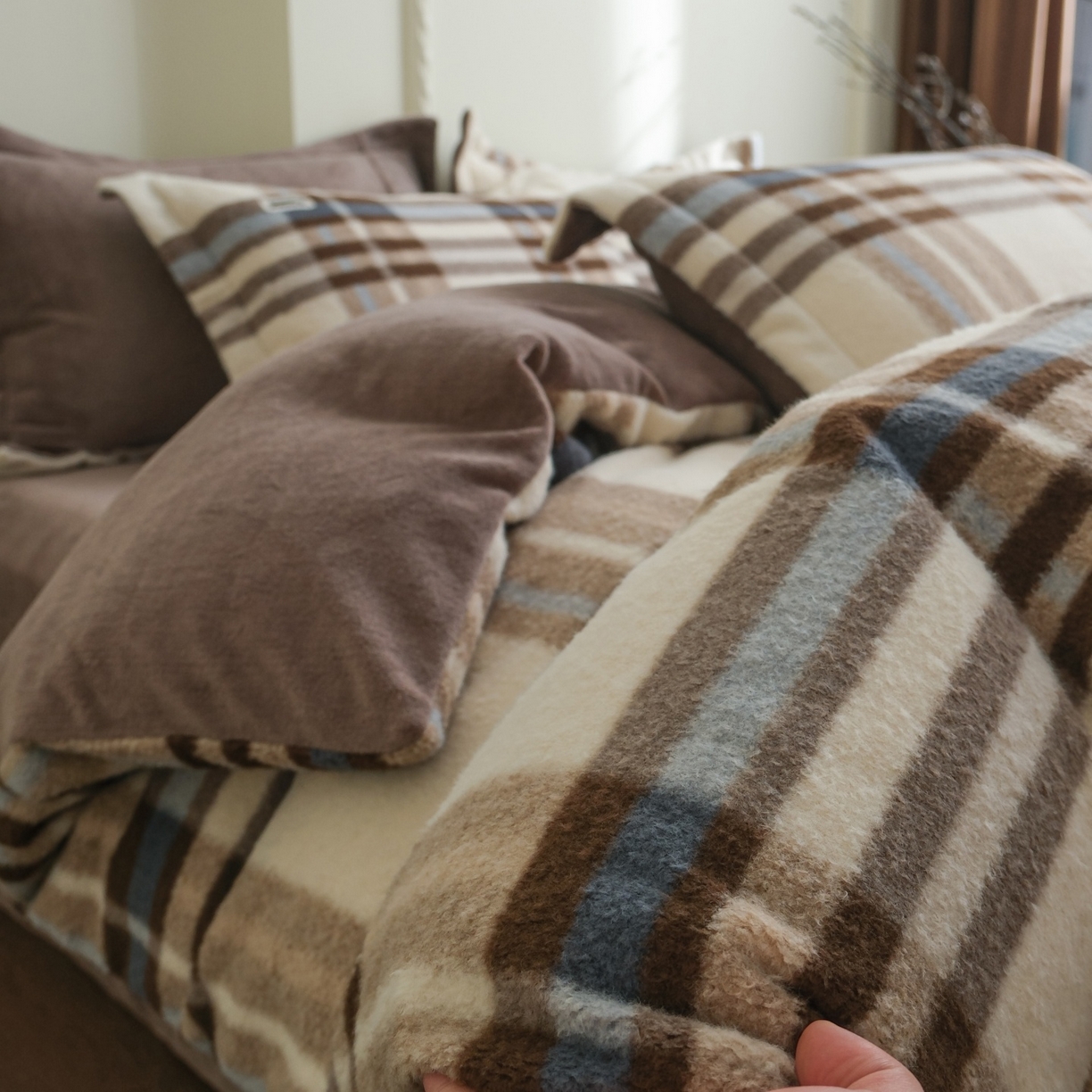 91家纺网 家纺一手货源 找家纺 庭笙 2025新款保暖加厚羊呢绒牛奶绒四件套 宝格咖