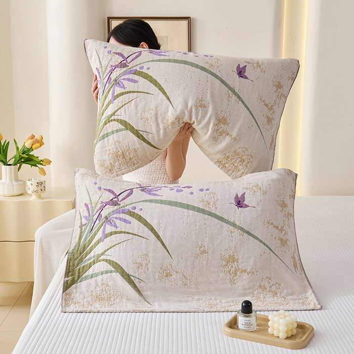 91家纺网 家纺一手货源 找家纺 棠薇家纺 2025新款纯棉纱布枕巾水洗全棉枕巾色织提花透气排汗预缩水 兰草